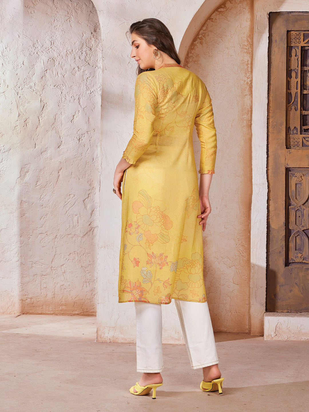 Yellow Floral Print Linen  Tunic