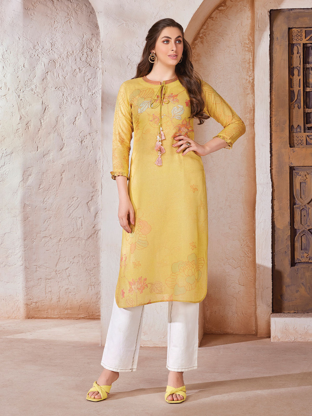 Yellow Floral Print Linen  Tunic