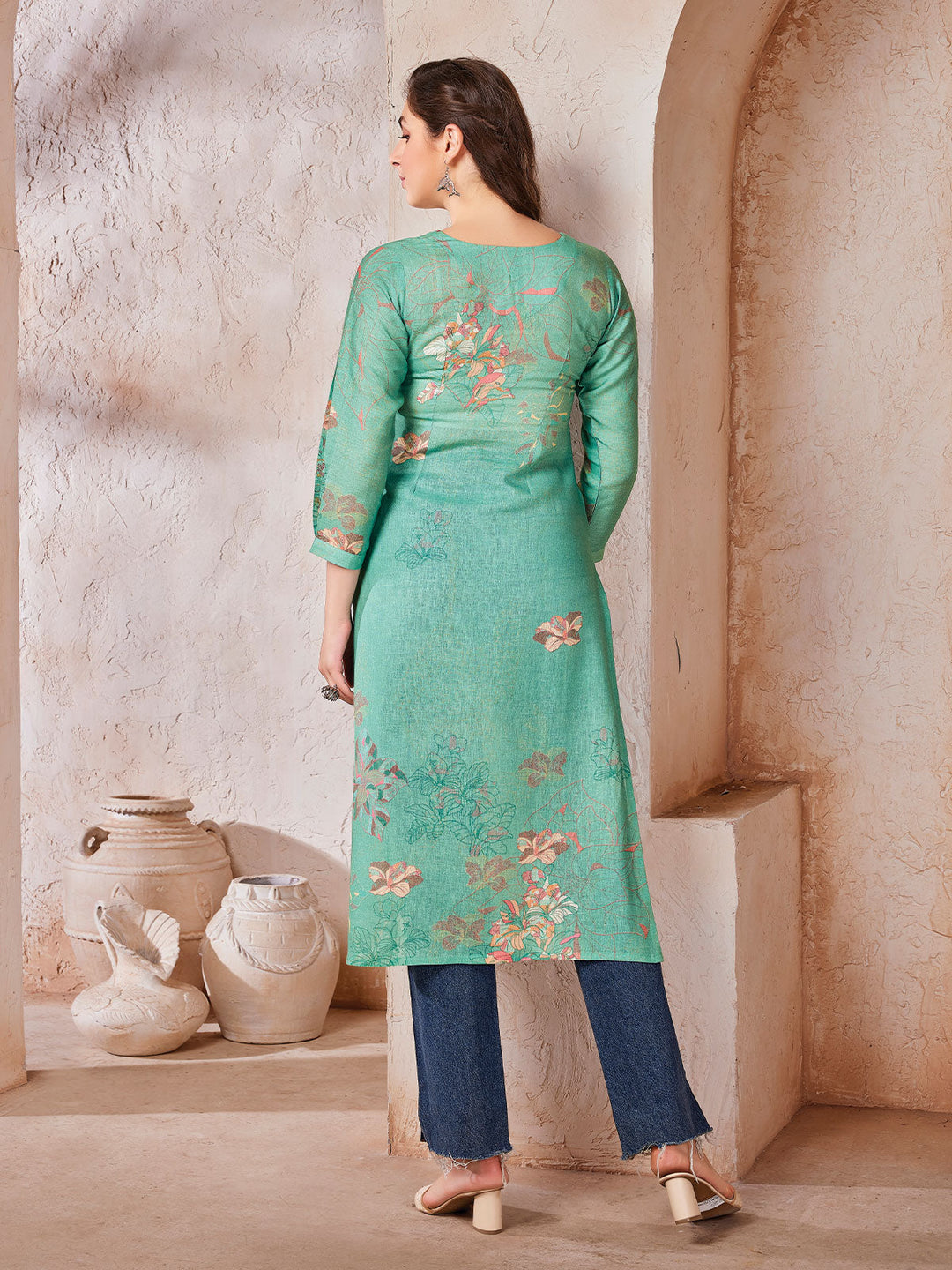 Green Floral Print Linen Tunic