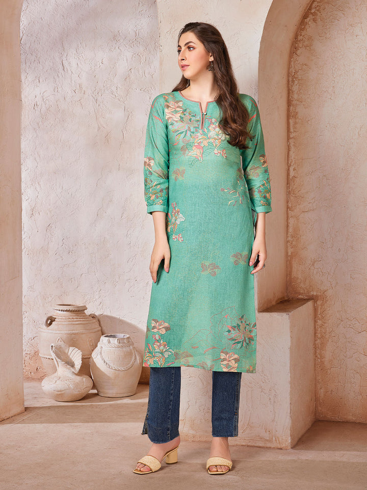Green Floral Print Linen Tunic