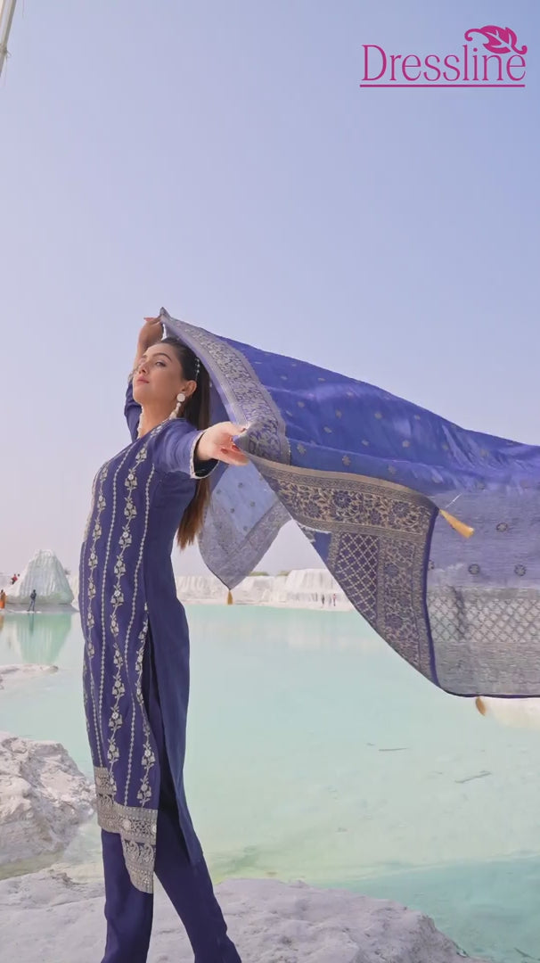 Jacquard Silk Kurta Set with Dupatta-Navy Blue